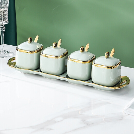 Ruishun Internet celebrity ceramic seasoning box household seasoning jar fruit green salt jar seasoning bottle set with tray spoon 3 jars 1 pot + 1 chassis + 3 spoons