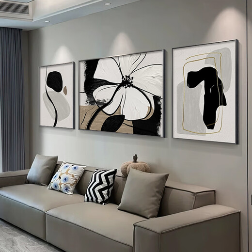 Landscape color high-end living room decoration painting modern art office triptych black and white abstract sofa background wall hanging painting Huatian Hexu C left and right 50*70 middle 100*70cm aluminum alloy frame + crystal porcelain painting
