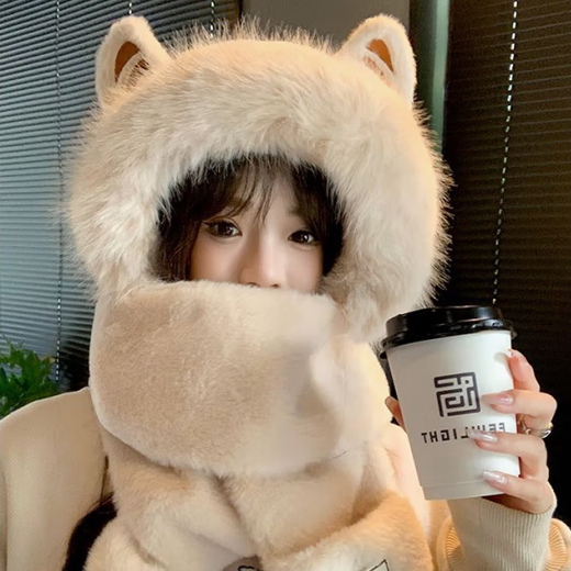 妙奕嘉冬季帽子围巾围脖一体狐狸耳朵帽子女可爱防风护耳毛绒保暖雷锋帽 nim毛绒帽子三件套【米色】