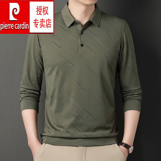 Pierre cardin middle-aged long-sleeved Polo base shirt top 2025 spring and autumn new striped print business casual T-shirt men 829-Luo Se 3XL/125 suggestion 160-180Jin [Jin equals 0.5 kg]