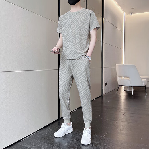 NASADKGM夏季冰丝短袖T恤运动套装男潮牌男装套装潮流休闲男夏天衣服夏装 719卡其(短袖+长裤) M (90-115斤)