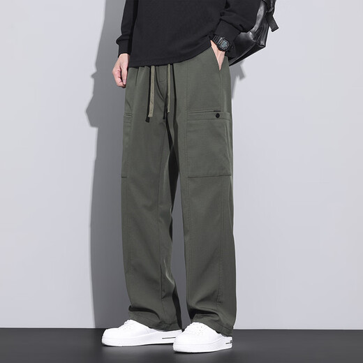 君瑞思美式潮牌工装裤子男宽松直筒秋冬伞兵裤2024春秋新款运动休闲长裤 9856-军绿色 L 【商家】110~130斤