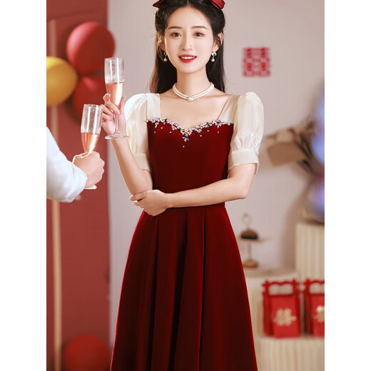 
Yuanleshen toast suit 2024 Bride burgundy summer can wear yarn sleeve engagement dress for wedding banquet dress red 675 short sleeve M