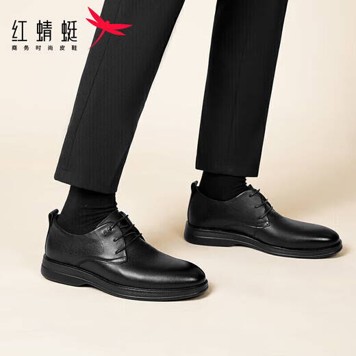 红蜻蜓男士牛皮商务休闲皮鞋男耐磨低帮系带男单鞋 WTA32555黑色40