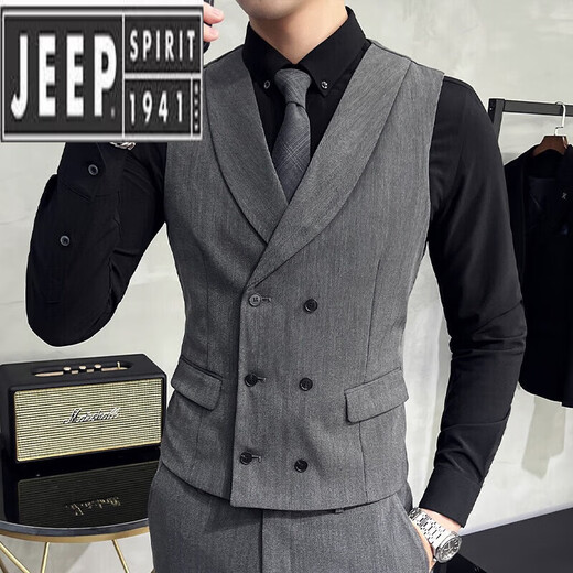 JEEP SPIRIT herringbone suit vest suit men's casual business formal elastic vest British handsome work clothes gray single vest + bow tie M 48