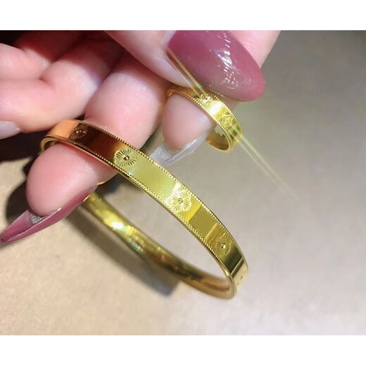 Five-flowered four-leaf clover bracelet new 24K gold women's 999 plain gold clover bracelet 3D hard four-leaf clover ring #6, about 4.2 grams