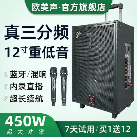 European and American sound outdoor audio karaoke dedicated three-way high-power professional singing live broadcast square dance performance high-quality large volume mobile drawbar Bluetooth portable speaker equipment 12-inch 263 drawbar 450W 2* wireless U-segment metal microphone + gift package