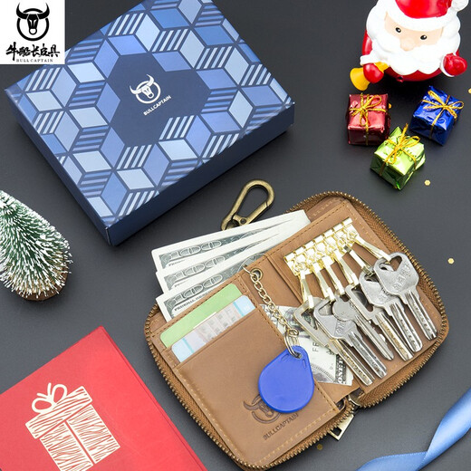 Captain Cattle Leather Goods Captain Cattle Head Cowhide Key Pack Genuine Leather Men's Anti-theft Brushing Key Pack Card Pack Two-in-One Waist Car Key Yellow-brown