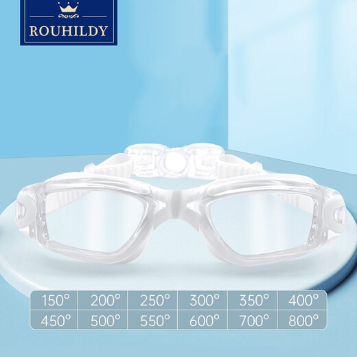 ROUHILDY swimming goggles for myopic women, waterproof, anti-fog, high-definition, large frame, white fashion equipment with earplugs, prescription myopia swimming goggles, elegant white 150