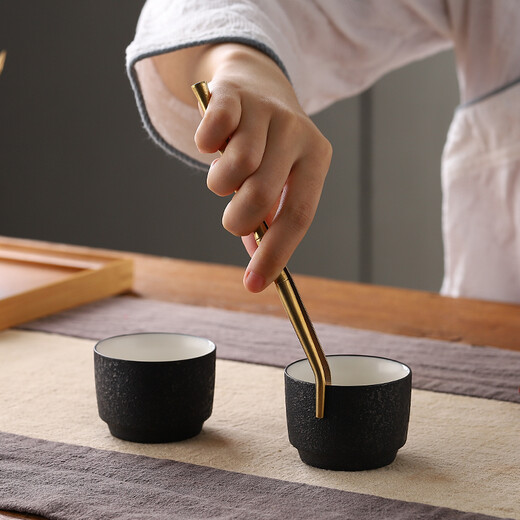 FUGEDA Brand Six Gentlemen Kung Fu Tea Accessories Set Copper and Wood Tea Ceremony 6 Gentlemen Tea Making Tools Complete Tea Clips Tea Knives Tea Needles Calm Style - Copper Wood Accessories + Six Copper Coasters + Solid Wood Base