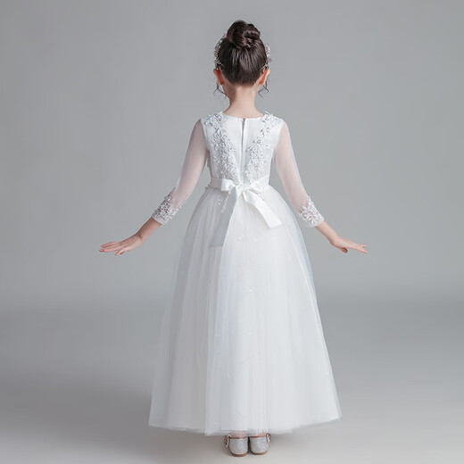Dev Ake children's dress girl princess skirt high-end long skirt small host piano performance evening dress big boy middle school student CW683 long white 150 (suggested 61-70 Jin [Jin equals 0.5 kg])