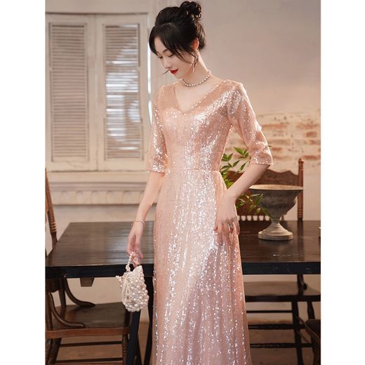 Seidler high-end evening dress 2025 new slim and temperament sequin host performance banquet annual meeting naked pink XXL (recommended 126-135Jin [Jin equals 0.5 kg])