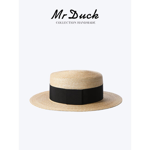 Mr DUCK收藏级别 轻奢特细手工TIAN然麦秆草帽 法式平顶帽大小头围礼帽子 MW36397原草色-大边7cm  章子怡款 M(适合55-57cm头围)