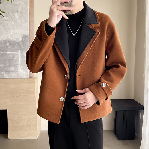 Romon Double Collar Short Windbreaker Jacket Men's Autumn and Winter High-end Trendy Contrast Color Splicing Woolen Coat Suit Jacket Black XL