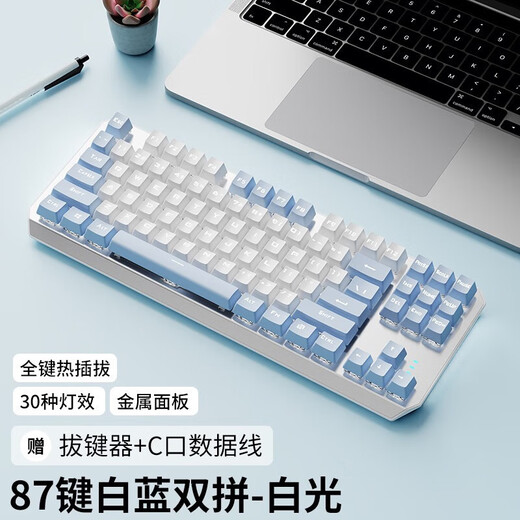前行者TK870有线机械键盘游戏办公键盘拼色RGB侧光灯有线87键客制化热插拔游戏电竞台式电脑笔记本办 白蓝-白光【全键热插拔】有线