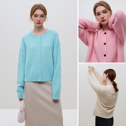 
Fan Silan 23FS14103 classic versatile knitted top color round neck long sleeve cardigan sweater jacket for women blue pine stone L