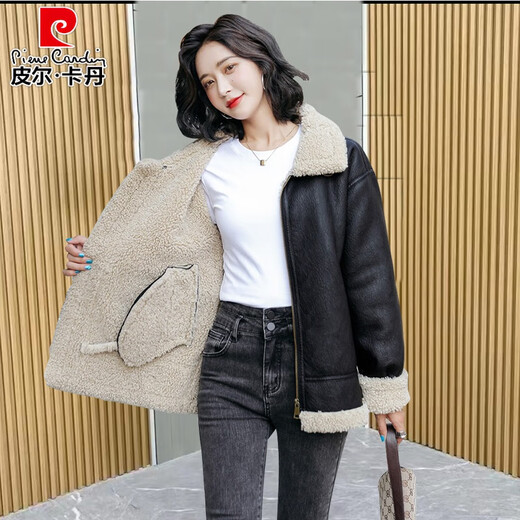 Pierre Cardin Haining Genuine Leather Jacket Women's Short 2025 New Plush Thickened Fur One-piece Sheepskin Jacket Autumn and Winter Brown M Recommended 120-130 Jin Jin equals 0.5 kg