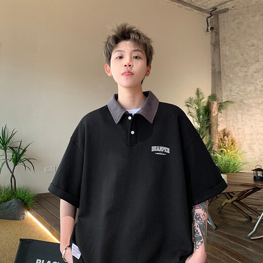 Poum Khaki Polo Coloque Camiseta de manga corta Summer New Retro New Retro Marca Contrasting Lapel Camiseta Top Top Top CQS-847 Caki 3xl
