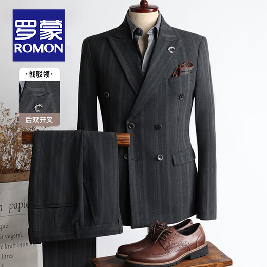 ROMON high-end customized striped suit suit for men in autumn and winter new double-breasted professional suit for men wedding and groom's dress medium gray two-piece suit + pants XL size free + brooch + pocket square