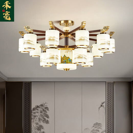 Heliang nuevas lámparas de sala de estar de lámparas chinas, toda la madera de cobre sólida, faros delanteros de construcción de dúplex de alta gama, comedor, estilo chino 9906 Qianlijiangshan-Copper+madera+hierro+jade-24 cabezas