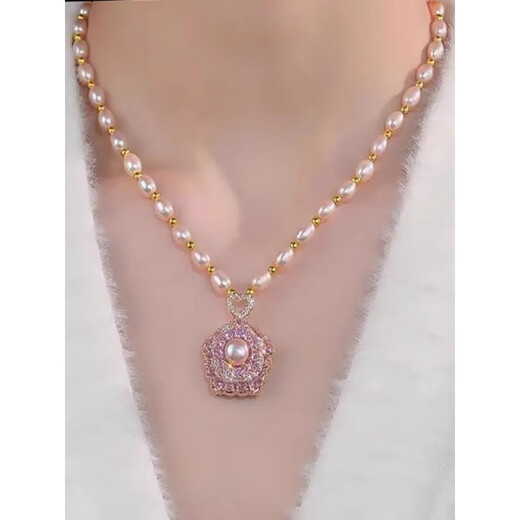 QUAMER Gold Store Flower Natural Freshwater Pearl Necklace Women's Simple Versatile Zircon Clavicle Chain New Chinese Style Purple Transfer Bead Freshwater Pearl Necklace