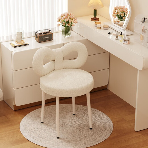 HALODN dressing chair Internet celebrity cream style designer makeup chair simple bedroom bow lamb velvet dressing table stool white fixed style lamb velvet butterfly chair