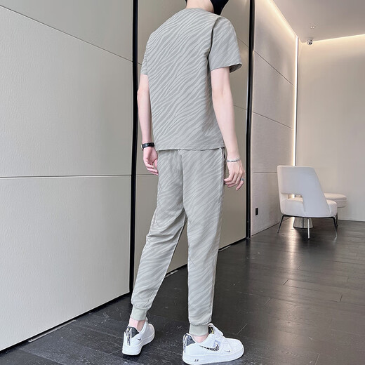 NASADKGM夏季冰丝短袖T恤运动套装男潮牌男装套装潮流休闲男夏天衣服夏装 719卡其(短袖+长裤) M (90-115斤)