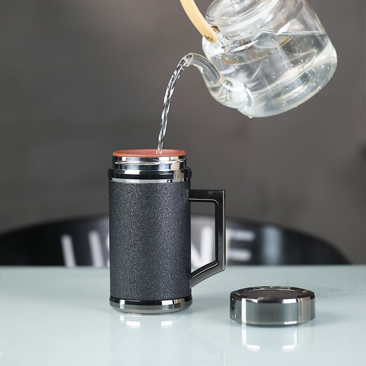 檀轩阁紫砂茶杯保温杯男士款高档办公室泡茶水杯送父亲老师礼品定制刻字 镜面磨砂黑手把（皮盒装）450ml
