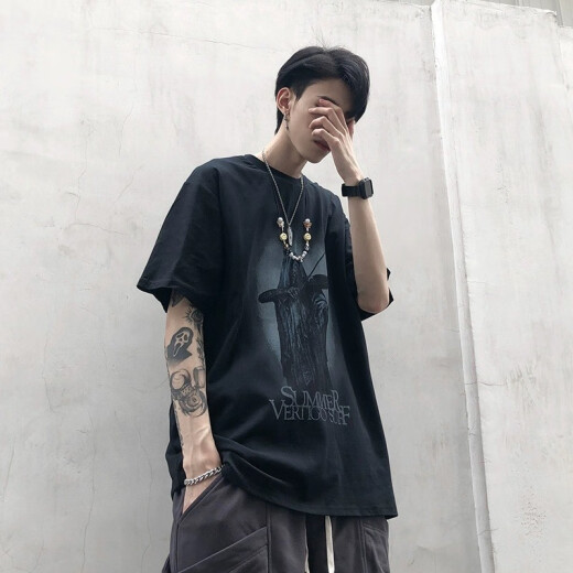 
POUM short-sleeved T-shirt men's summer thin dark European and American high street trendy top printed hip-hop half-sleeved base T-shirt men CWLFS-CL1047 black 2XL