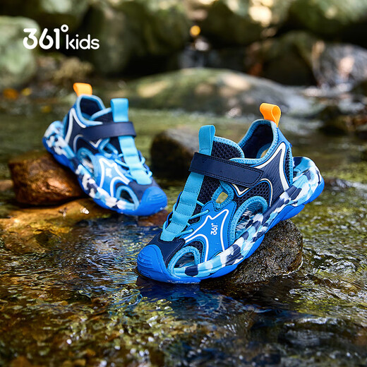 361 Children's shoes for boys and girls, sports and leisure toe-toe sandals, new summer style for middle and large children, soft soles, breathable children's beach shoes, light blue/earth blue/361 degrees white 35
