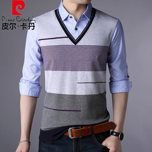 皮尔卡丹（pierre cardin）春秋季中年男t恤薄款衬衫领长袖休闲假两件套男装小衫春季上衣服 3879蓝色 L 170/50(120-140斤)