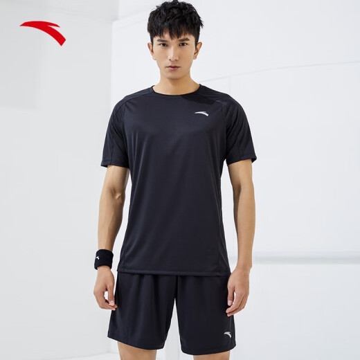 ANTA quick-drying suit丨Men's sports short-sleeved shorts summer running suit football suit training suit two-piece morning training suit [small logo on chest] basic black 7201-6XL/180