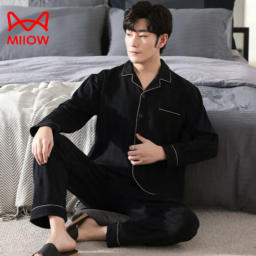 Catman (MiiOW) pure cotton pajamas men's long-sleeved suit spring and autumn cardigan plus size for extra-size thin home clothes loose 3523 MZ L[120-140Jin[Jin equals 0.5 kg]]