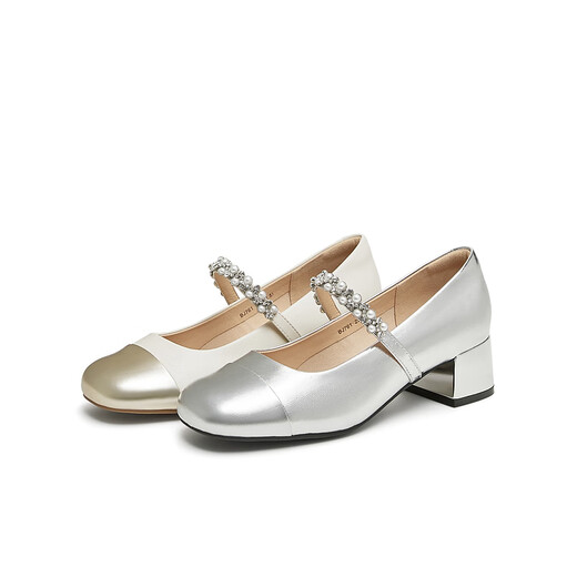 Tianmeiyi Shoes Women Shoes Mall mismo tacón grueso French Retro Single Shoes Mary Zhen Shoes Spring and Autumn Style BJ761CQ4 Silver 38