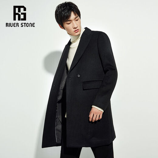 RIVERSTONE【特清款】流石男装 男士羊毛大衣韩版秋冬季新款气质外套男 黑色 M