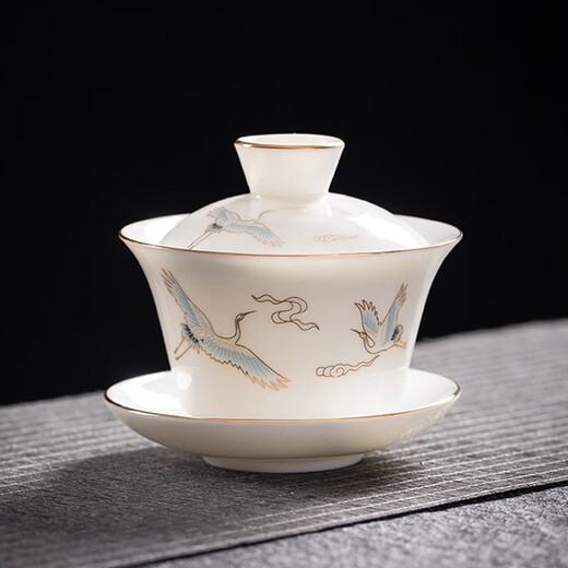 Yushige mutton-fat jade white porcelain Kung Fu tea set high-end simple home office reception ceramic bowl set of 8 cups with golden auspicious crane and auspicious orchid fragrance eight cups safety package 12 pieces (safety packaging) free tea towel