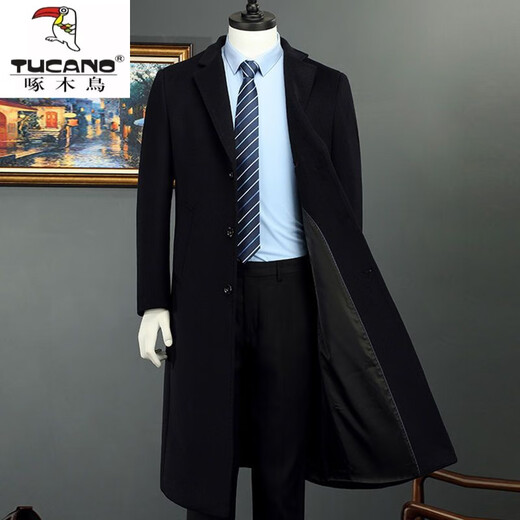 Woodpecker (TUCANO) men's coat men's long middle-aged knee-high suit collar Korean style autumn and winter windbreaker woolen high-end brand coat black long 2XL 125-140Jin Jin equals 0.5 kg
