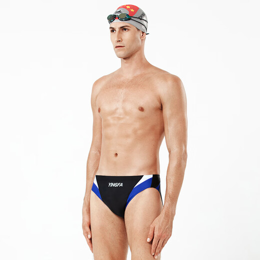 YINGFA men's professional swimming trunks, fashionable color matching low resistance swimming competition racing training swimming trunks 9462-1 black and blue and white 2XL (waist 86-90cm/33-35 size)