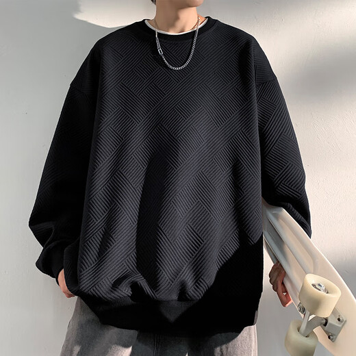 OEMG华夫格重磅无帽加绒加厚卫衣男春秋冬季潮牌保暖圆领宽松百搭外套 黑色常规 XL [建议125-140斤]