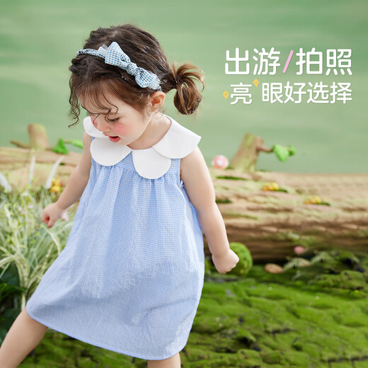 
ASK JUNIOR girls' vest dress summer thin children's petal collar plaid casual sleeveless dress blue 90