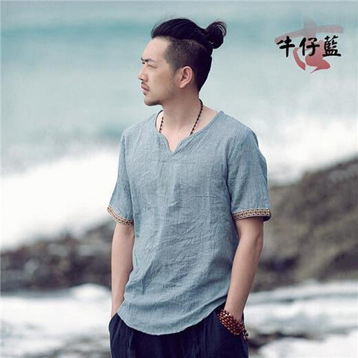 
Lan Junqi Chinese style men's clothing Myanmar clothing short-sleeved T-shirt men's summer loose plus fatty Thai Buddhist clothes S 686 denim blue 5XL