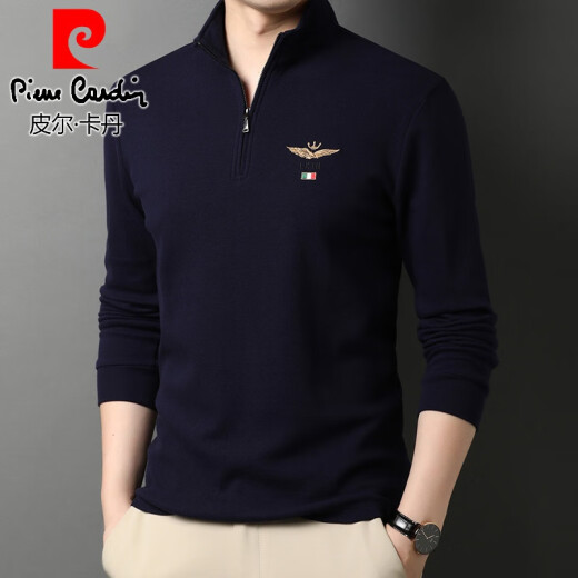 Pier Cardin [Light Luxury High-End] Halbzipper-Standkragen Langarm T-Shirt für Herren Frühling und Herbst reines Baumwollgeschäft Casual Sweatshirt Strick 6625 Top Blue plus Vlece verdickt 165