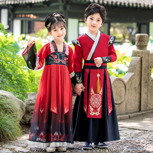 微爱的小松鼠汉服男童 2025新款儿童古风唐装男孩国学演出服夏季6198 知遇-红色 150 cm