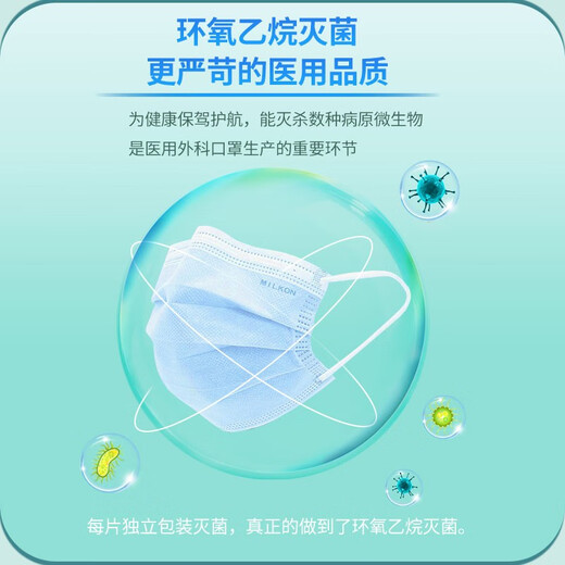 MILKON medical surgical mask sterilization grade independent packaging three-layer protection containing meltblown layer dust-proof and anti-bacterial droplet isolation medical mask independent pack blue 10 boxes (500 pieces)