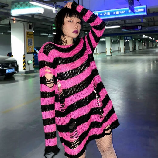 Yuan Lexen mid-length punk dark versatile European and American ripped autumn and summer sweater for women couple striped loose niche sweater new dark gray one size