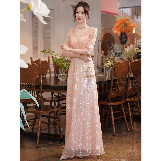 Seidler high-end evening dress 2025 new slim and temperament sequin host performance banquet annual meeting naked pink XXL (recommended 126-135Jin [Jin equals 0.5 kg])