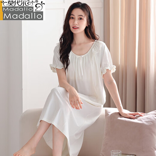 Modal 2024 new summer pajamas for women with breast pads, short-sleeved cotton mid-length nightgown, loose maternity dress LSF-702 off-white L