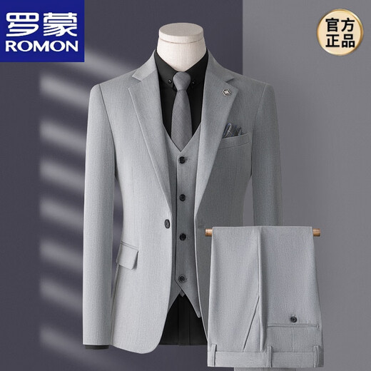ROMON high-end suit men's three-piece Korean style slim business casual suit groom's wedding dress dark gray top + pants + vest shirt 2XL