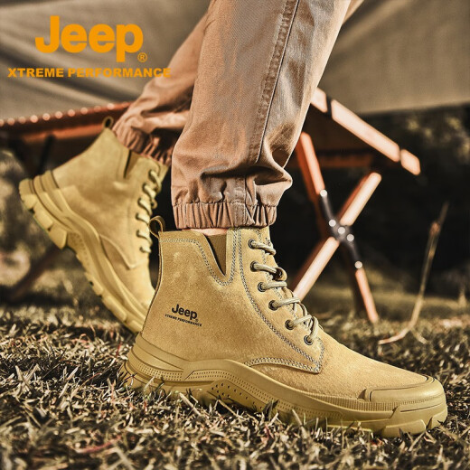Jeep men's boots lightweight outdoor camping high-top Martin boots for men and women couples non-slip wear-resistant hiking and mountaineering shoes camel color (men's style) 39 (leather shoe size)
