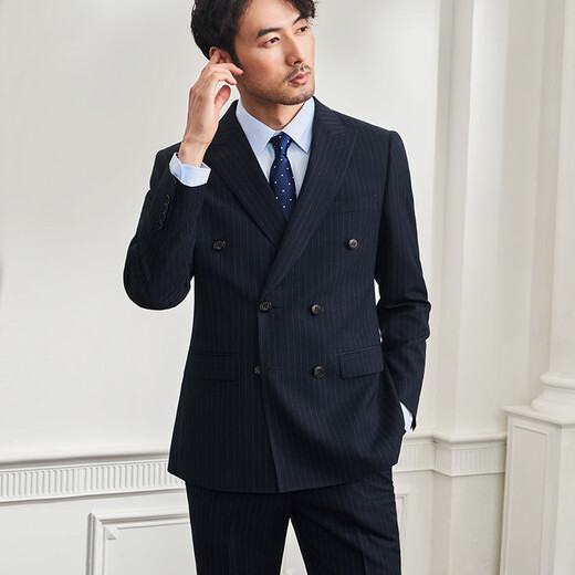 Guillaume (G MONS) suit men's suit men's suit men's slim business suit men's wedding groom casual vertical striped suit suit navy blue top + pants two-piece set 52